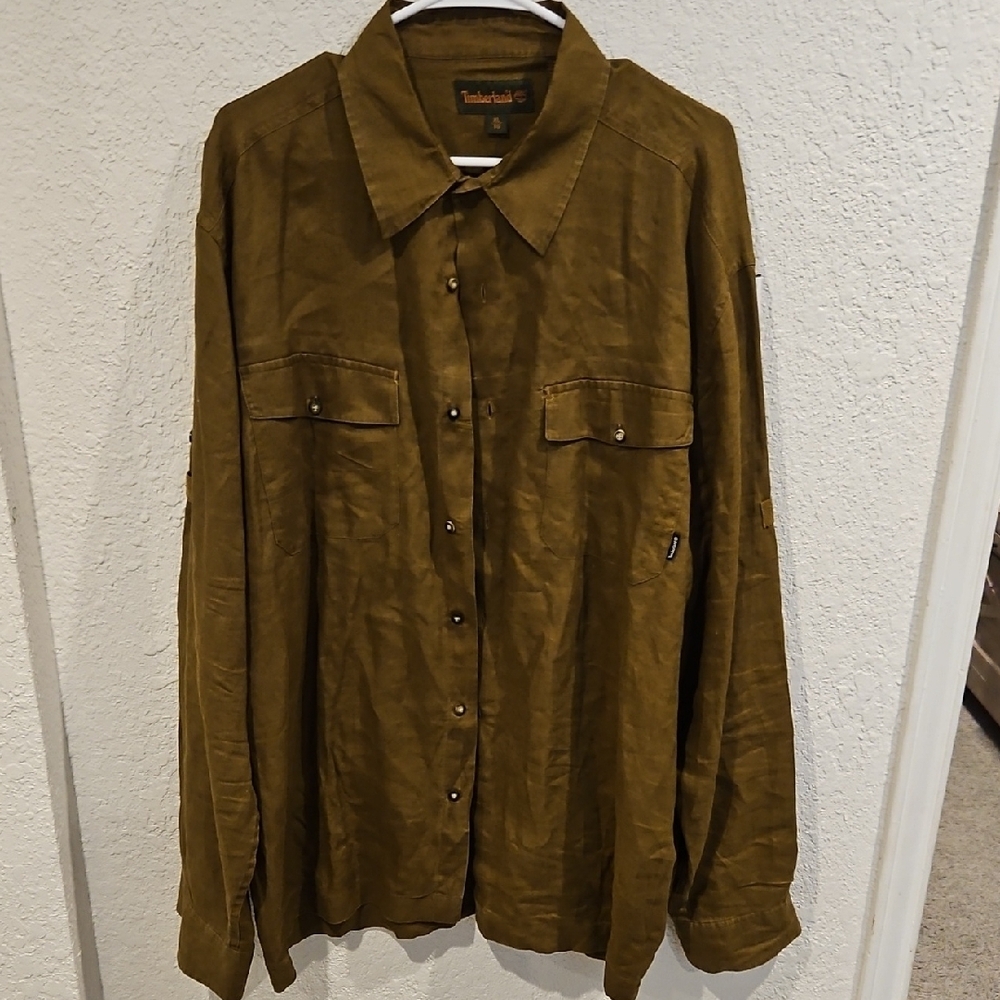 Timberland Army Green Xl Linen Long Sleeve Button Down Shirt